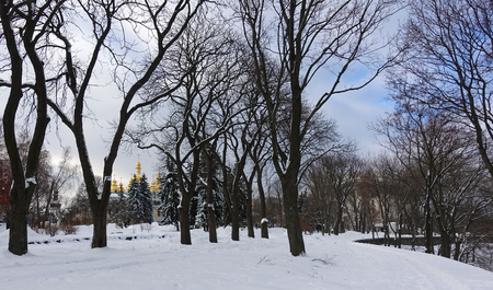 Park Vladimirs Hill in Kiev. Winter. In the distance the Mikhaylovsky Golden-domed Cathedralの写真素材