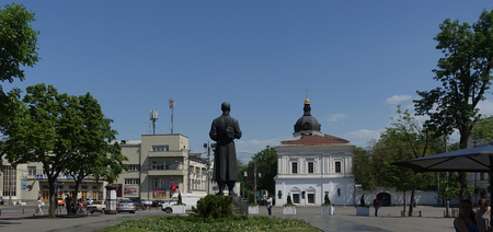 Kontraktovaya square in Kiev and a monument to the famous philosopher of the 18th century Grigory...