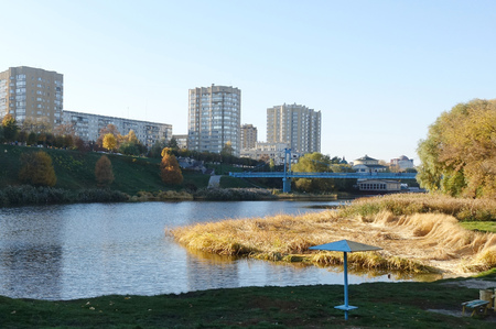The Tsna River, the city of Tambov, the park and the embankment on an autumn dayの写真素材