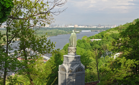 Monument to Vladimir the Baptist of Rus on the Vladimir Hill in Kiev on a sunny spring dayの写真素材