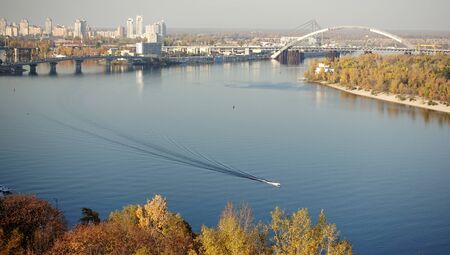 View of the Dnieper in Kiev on an autumn sunny dayの写真素材