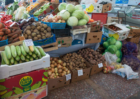 Saratov, Russia. October 13, 2021 Selling vegetables at the old Saratov covered market.のeditorial素材