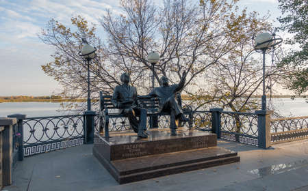 Engels, Russia. October 13, 2021 Monument to cosmonaut Gagarin and designer Korolyov on the Volga embankmentのeditorial素材