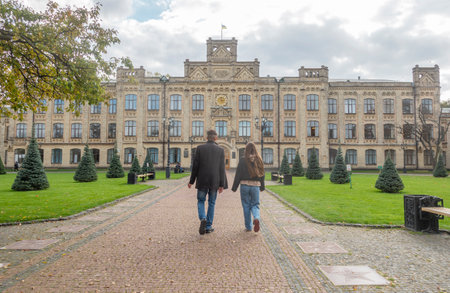 Kiev, Ukraine. October 14, 2022. Students walking along the alley to the main building of the Kyiv Polytechnic Instituteのeditorial素材