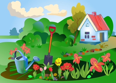 Colorful spring composition depicting a bright flower garden in the garden against the backdrop of a rural house and landscape. Vector. Plant care concept. Or a background for various characters.のイラスト素材