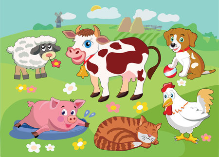 Domestic animals on the farm in cartoon style. Vector illustrationのイラスト素材