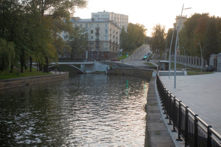 The Svisloch River in Minsk near Central Children's Park on an autumn dayの写真素材