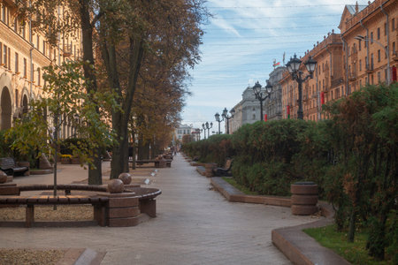 Minsk, a cozy alley for a walk in autumn on Lenin Streetの写真素材