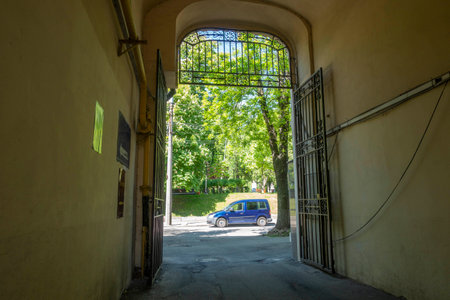 Arched passage in an old house on Tereshchenkovskaya street in Kyivの写真素材