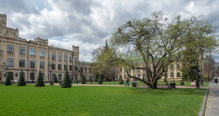 View of the Polytechnic Institute in Kyiv and the oldest apple tree in Kyivの写真素材