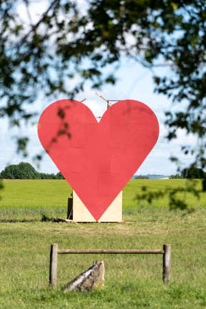 Countryside passion concept, big red heart in the middle of the fieldsの写真素材