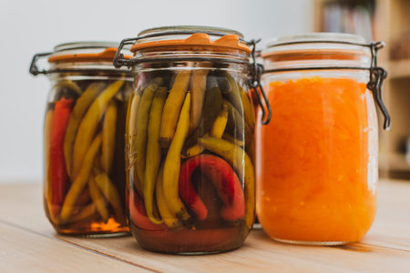 Glass jars with marinated food, lacofermented, peppers and vegetablesの写真素材