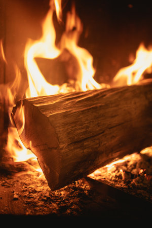 Log of wood burning in a fireplace inside a house, hearth