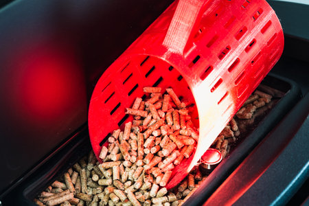 Modern domestic pellet stove, granules stove with 3d printed bucketの写真素材