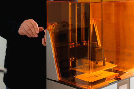 Man preparing a 3d resin printer before useの写真素材