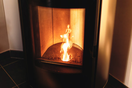 Hearth of a pellet stove, granules stove with flamesの写真素材
