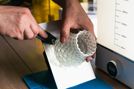 Man holding a 3d resin object with next to him wash and cure machinesの写真素材
