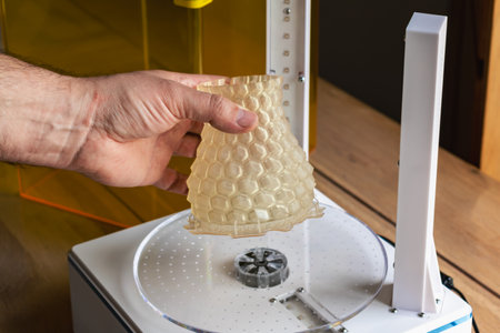 Man holding a 3d resin object with next to him a cure machineの写真素材