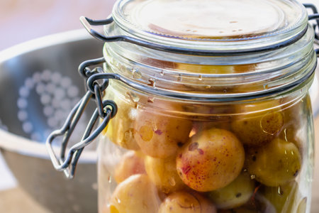 Sterilized mirabelle plums, homemade fruits in syrup for the winter, preserves nutrientsの写真素材