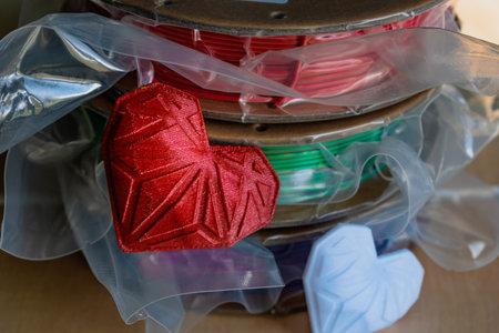 Spools of pla filament for printing 3d printer with printed models, material coils