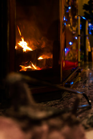 Fire in a fireplace in the living room with accessoriesの写真素材