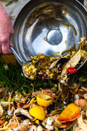 Person who put in a composter some kitchen waste like vegetables, fruits, eggshell, coffee grounds...