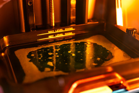 3d printer and its resin tank for filling and printingの写真素材