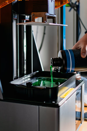 3d printer and its resin tank for filling and printingの写真素材