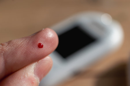 Woman pricking her finger to check blood glucose level with glucometer, test blood glucose for diabetesの写真素材