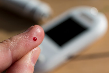 Woman pricking her finger to check blood glucose level with glucometer, test blood glucose for diabetesの写真素材