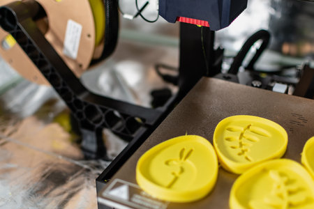 3d printer with some objects on the tray printed with pla filament