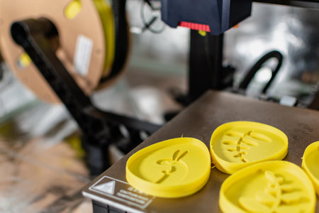 3d printer with some objects on the tray printed with pla filament