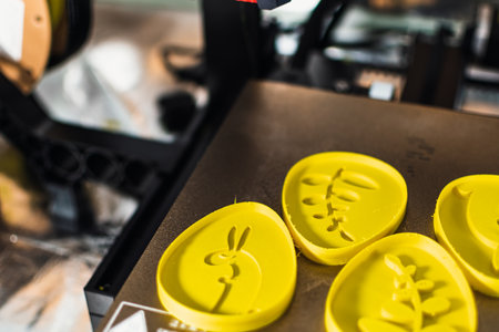 3d printer with some objects on the tray printed with pla filament