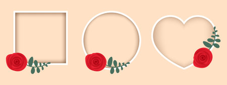 Simple flower frame with white square, round and heart shape, for marketing, sale, wedding, birthのイラスト素材