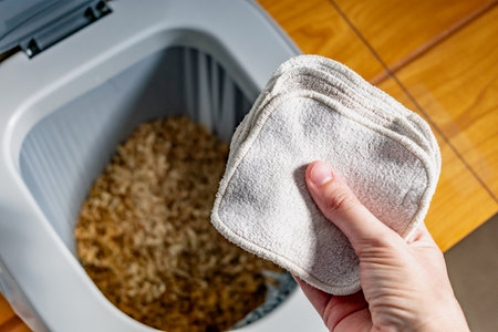 Dry toilet and washable wipe, water saving, compostable, wood chips, eco friendly gesture, sustainable lifestyleの写真素材