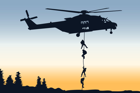 Silhouette of a combat helicopter with soldiers, side view, nh 90 in french army, vector drawing can be used for web, sticker, patch, logo, illustration and infographicのイラスト素材