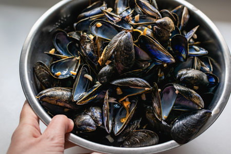 Bouchot mussels from Brittany, empty shells, shellfish rich in omega 3, healthy meal