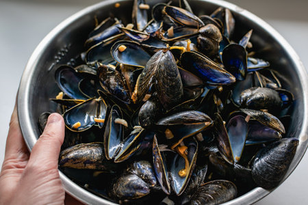 Bouchot mussels from Brittany, empty shells, shellfish rich in omega 3, healthy meal