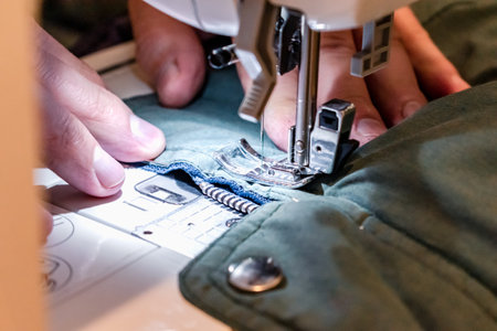 Man using a sewing machine with a garment, for repair work, customization, creation, upcyclingの写真素材