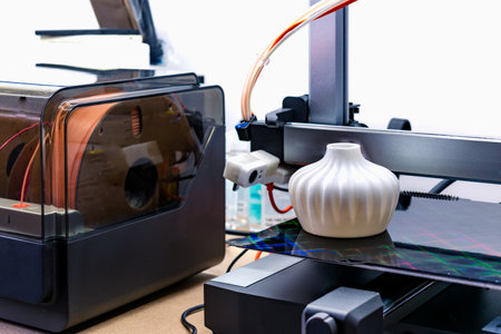Four heads 3d printer, four extruders with an object on the tray, pla filament