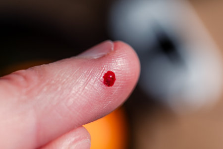 Woman pricking her finger to check blood glucose level with glucometer, test blood glucose for...