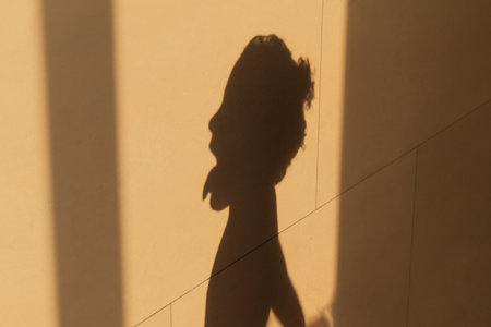Shadow of a little girl's head on a wall for illustration and conceptsの写真素材