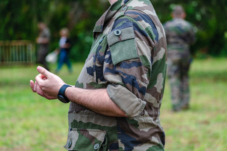 French soldier working in camouflage uniform, French armyの写真素材