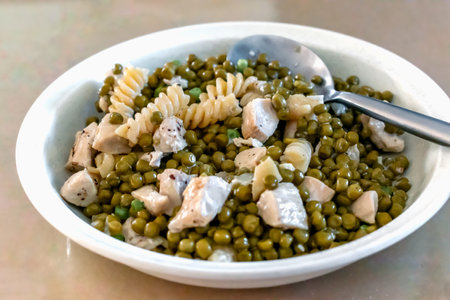 Healthy dish with peas, carbohydrates and white meatの写真素材