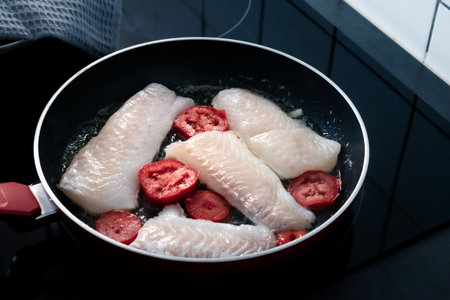 Pan fried white fish, healthy food, omega 3 and proteinの写真素材