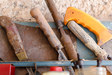 Old workshop with vintage hand tools, real life photo