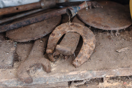 Old workshop with vintage hand tools, real life photoの写真素材