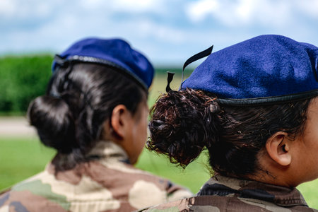 French soldier wearing camouflage uniform with backgroundの写真素材