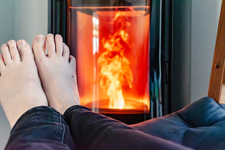 Pellet stove burning with flame in a living room