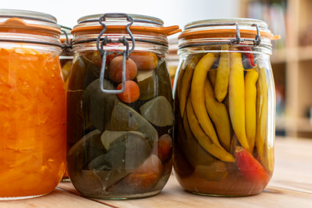 Jars of food, fruit and vegetables, sterilized or fermented